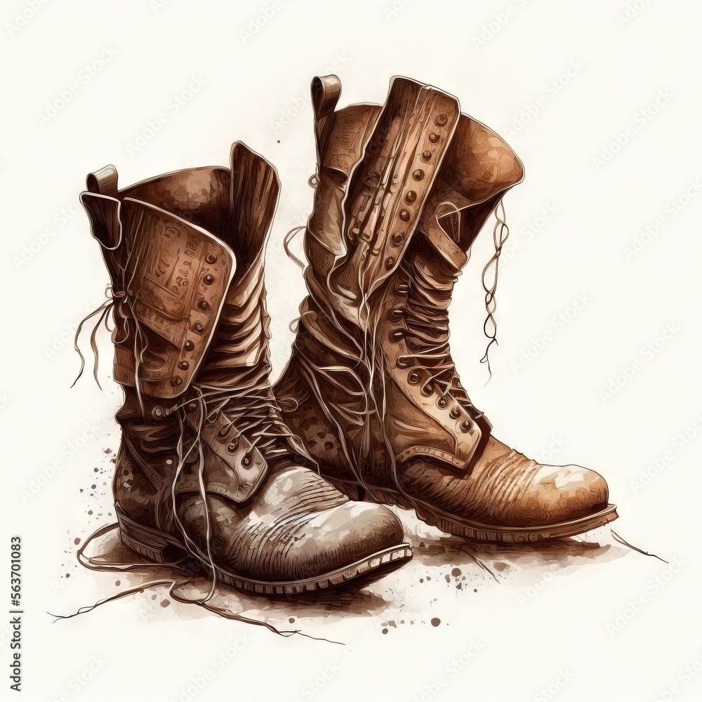 a pair of boots with laces on them sitting on the ground with a white