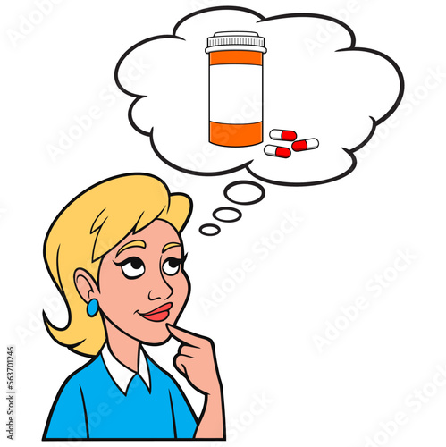 Girl thinking about Prescription Drugs - A cartoon illustration of a Girl thinking about the cost of Prescription Drugs.