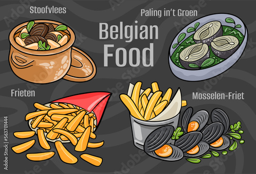 Belgian food. A set of classic dishes. Cartoon hand drawn illustration.