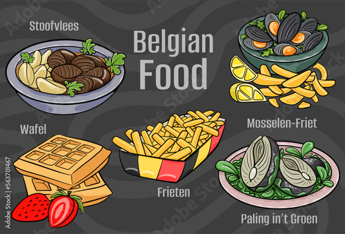 Belgian food. A set of classic dishes. Cartoon hand drawn illustration.