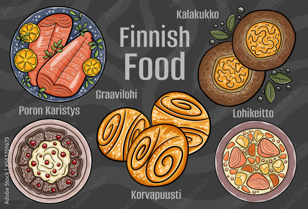 Finnish food. A set of classic dishes. Cartoon hand drawn illustration.