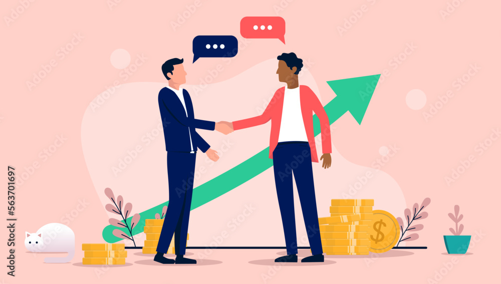 Successful business deal - Two men shaking hands and having  a profitable agreement in front of green arrow pointing up towards success. Flat design vector illustration