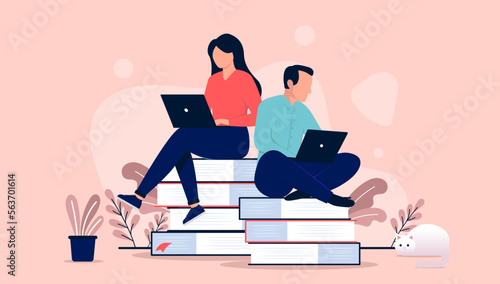 Adults online study - Two people doing online learning and studying on computers while sitting on books. Flat design vector illustration