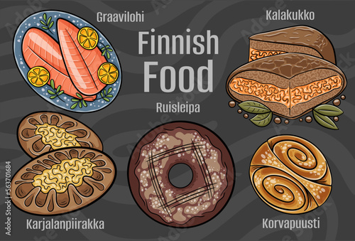 Finnish food. A set of classic dishes. Cartoon hand drawn illustration.