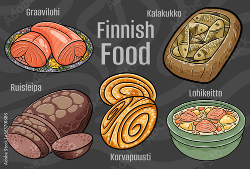 Finnish food. A set of classic dishes. Cartoon hand drawn illustration.
