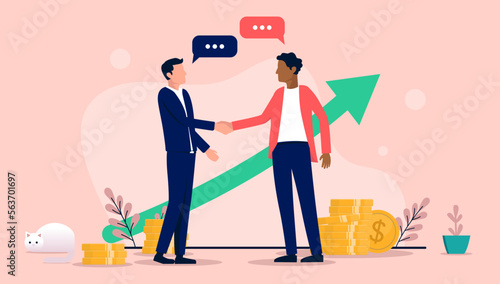 Successful business deal - Two men shaking hands and having a profitable agreement in front of green arrow pointing up towards success. Flat design vector illustration