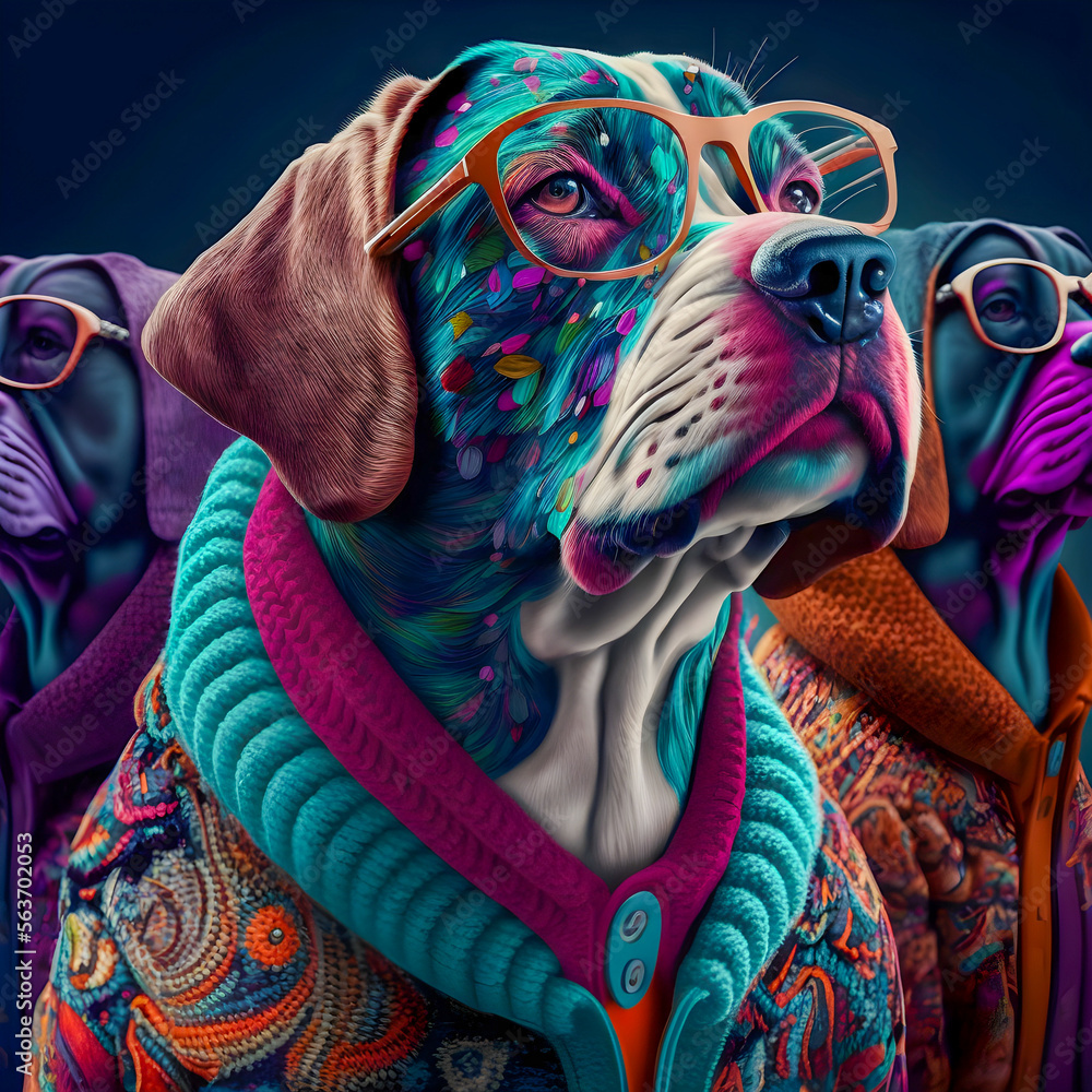 Obraz premium Portrait of a fashion dog illustartion, trendy and funny art. Generative AI
