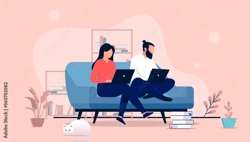 Couple working from home - Man and woman sitting in couch with laptop computers doing remote work together. Flat design vector illustration