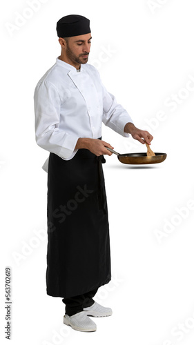 Quadro su tela Male kitchen worker standing and cooking isolated on white background