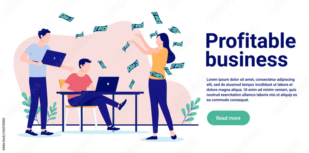 Profitable business - Small team of people in office making money and celebrating financial earnings and profits. Flat design vector illustration with white background and copy space for text Profitable business - Small team of people in office making money and celebrating financial earnings and profits. Flat design vector illustration with white background and copy space for text