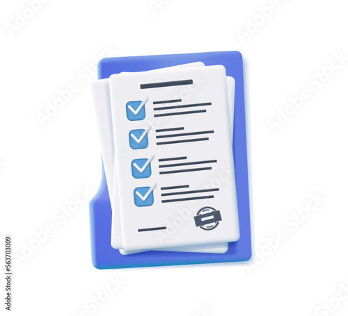 Folder with documents 3D render illustration in cartoon style. 3D Contract with stamp and check mark paper. 3D stack