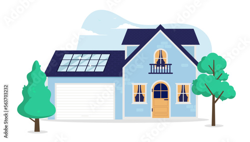Solar panel on house roof - Small regular home in blue colour with set of solar panels installed. Front view, flat design vector illustration with white background