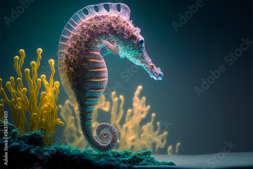 A beautiful glowing seahorse under water.Created with generative ai © leo10