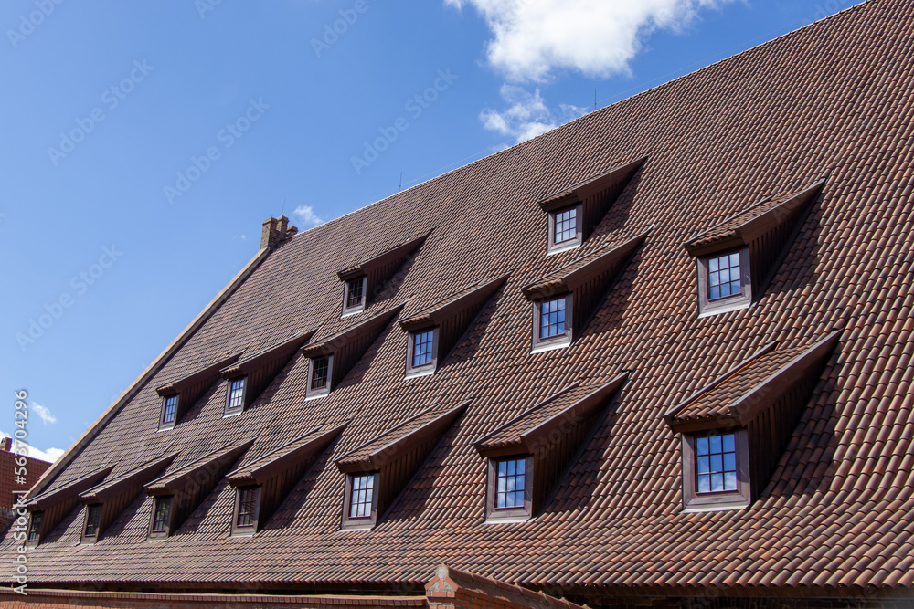 A bricked roof with many windows A bricked roof with many windows