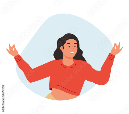 Young woman Jane meditating. Meditation practice. Concept of zen, harmony, yoga, meditation, relax, recreation, healthy lifestyle. Vector people character illustration