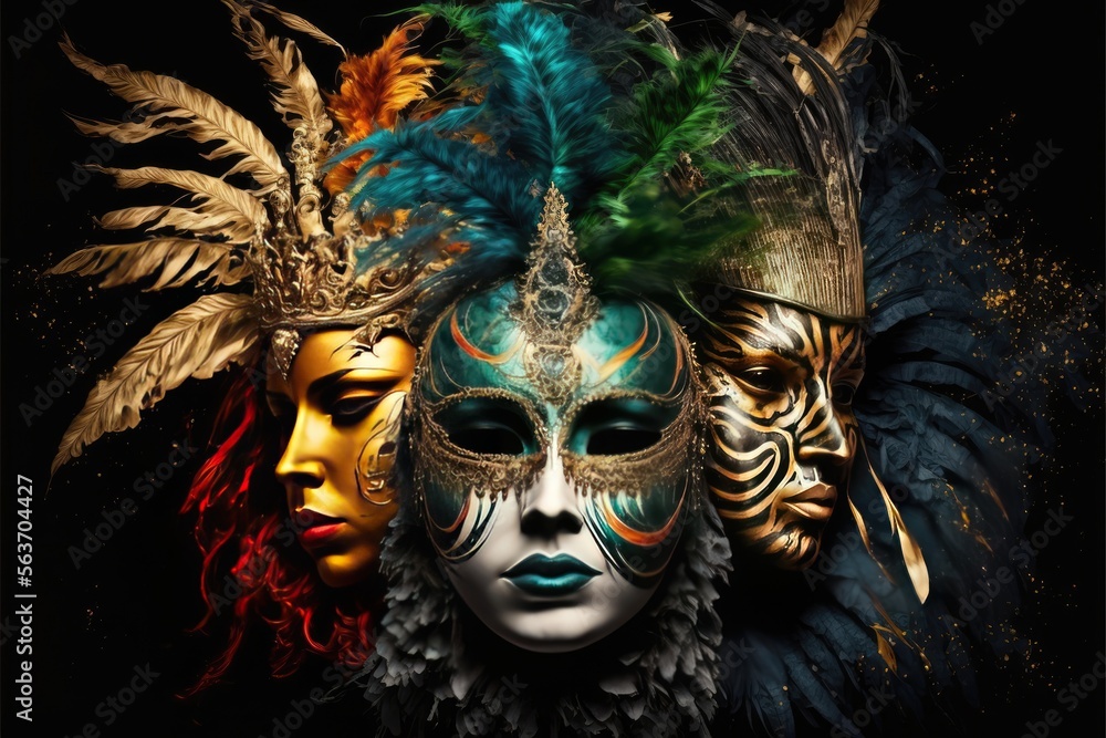 Amazing and beautiful carnival masks with colorful tones. Fun time. Generative AI