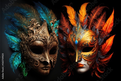 Amazing and beautiful carnival masks with colorful tones. Fun time. Generative AI © Gelpi