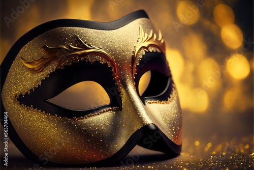 Amazing and beautiful carnival golden and shiny mask on illuminated background. Fun time. Generative AI