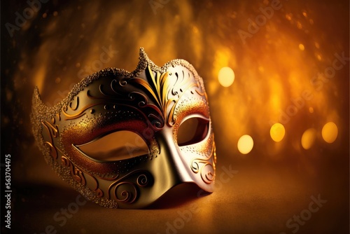 Amazing and beautiful carnival golden and shiny mask on illuminated background. Fun time. Generative AI