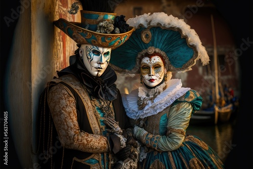 Image of the Venice carnival. Traditional amazing venetian costumes. Generative AI