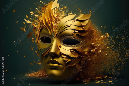 Amazing and beautiful carnival golden and shiny mask on dark background. Fun time. Generative AI