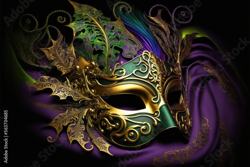 Amazing and beautiful golden carnival masks on black background. Fun time. Generative AI