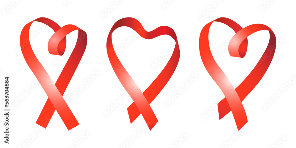 Set of red satin gift ribbons. Heart from red ribbon isolated on white background. Valentine's Day or medicine elements. Vector illustration for decoration greeting card, mother day, world aids day.