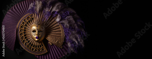 Amazing and beautiful carnival mask with golden and purple tones. Fun time. Generative AI