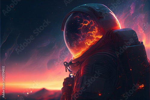 astronaut with galaxy in the sunset, cosmic background. Ai generative