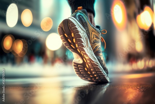 illustration of sports shoes, running through a modern street, image generated by AI