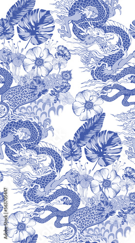 Seamless pattern of asian dragon and flowers. In style Toile de Jou. Suitable for fabric, mural, wrapping paper and the like.
