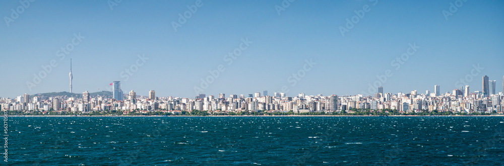 Panoramic view from the sea and waves to Istanbul in the Sea of Marmara summer sunny day.