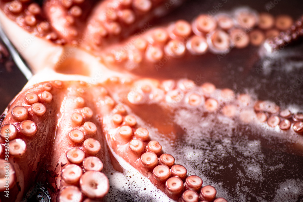 The tentacles of the octopus are boiled in water. The tentacles of the octopus are boiled in water.
