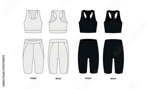 Vector outline drawing sports short bra top and cycling shorts in black and white colors. Set of sports women's clothing tank top and shorts front and back view. Tight underwear template, vector.