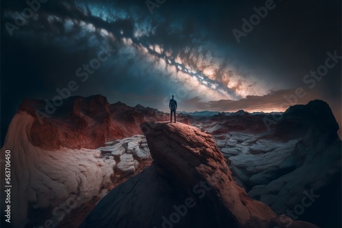 Night time long exposure landscape photography. A man standing in a high place looking up in wonder to the Milky Way galaxy Generative AI
