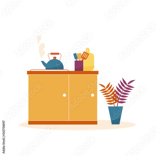 Vector flat illustration of kitchen interior with boiling teapot, appliances and kitchenware.	

