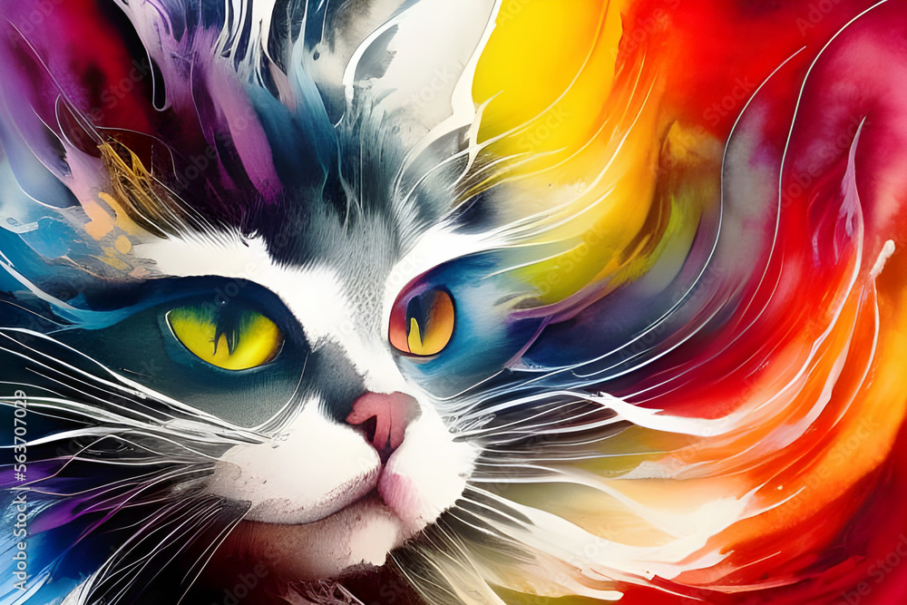 chat avec fait d'aquarelle ludique colorée ornementale Générative IA 