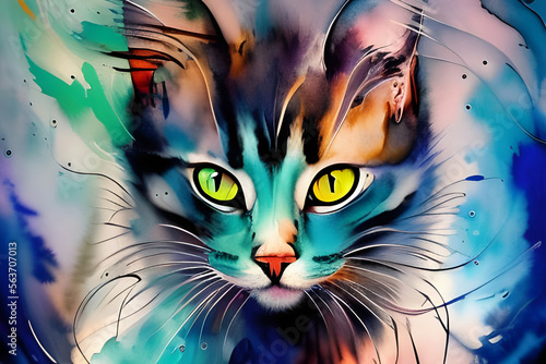 chat avec fait d'aquarelle ludique colorée ornementale Générative IA 