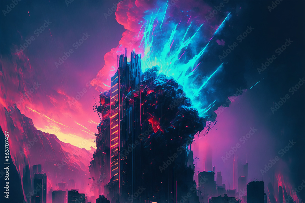Neon city, Neon skyscraper, Explosion on skyscraper,