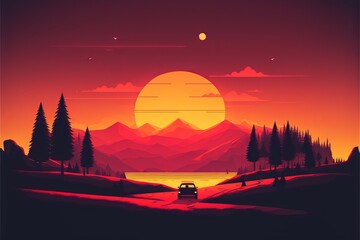 Crédence de cuisine Bordeaux Minimalist landscape design, flat scenery postcard,scandinavian design,poster set mountains lake sunset Generative AI  © Suleyman