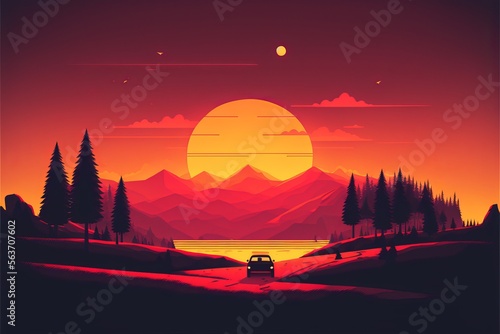 Minimalist landscape design, flat scenery postcard,scandinavian design,poster set mountains lake sunset Generative AI © Suleyman