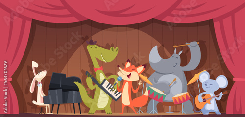 Music concert animals. Outdoor illustrations with zoo animals play music instruments exact vector cartoon background © ONYXprj