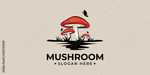 mushroom farm logo vintage vector illustration design, champignon mushroom logo design