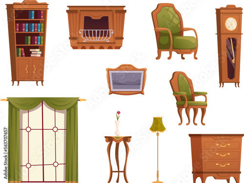 Vintage furniture. Old style interior items armchairs sofa wooden shelves bookcase exact vector templates set in cartoon style