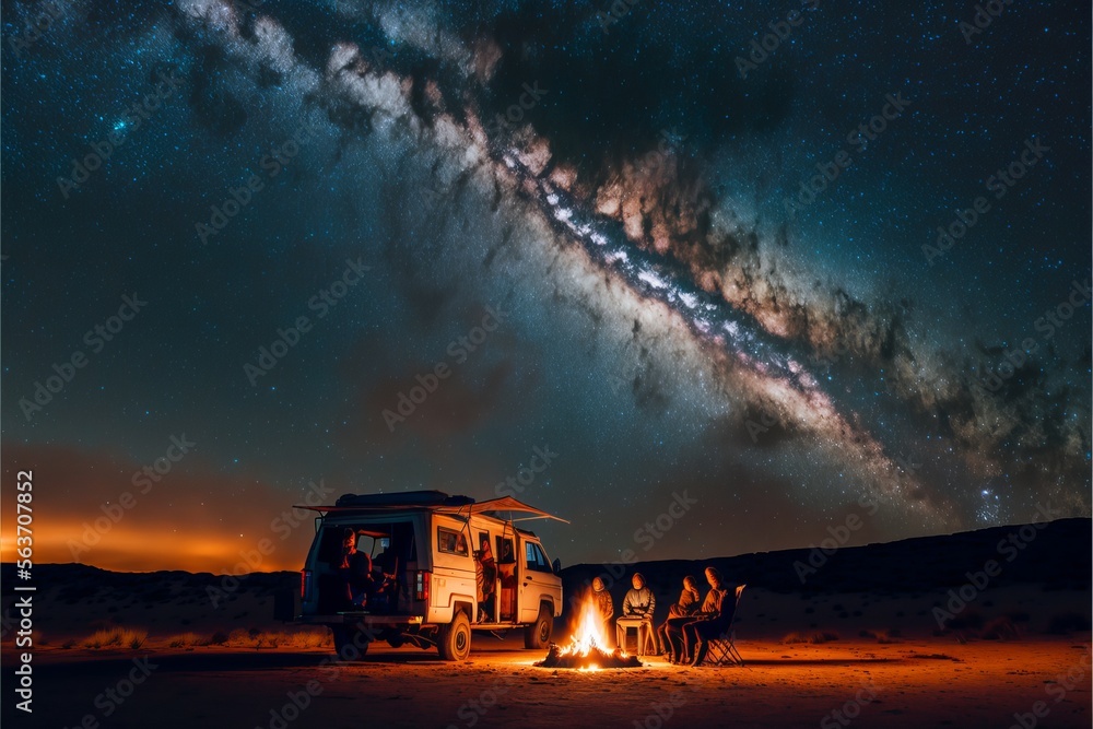 shot of a family sitting at a bonfire under the milky way with a camping truck Generative AI