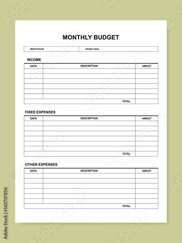 Monthly budget planner template. Vector illustration