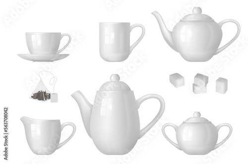 Tea time. Realistic kettle sugar bowls cups for hot drinks decent vector illustrations set