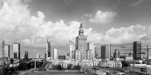 Cityscape, black and white image - view of the business center of Warsaw with skyscrapers and the Palace of Culture and Science. Poland