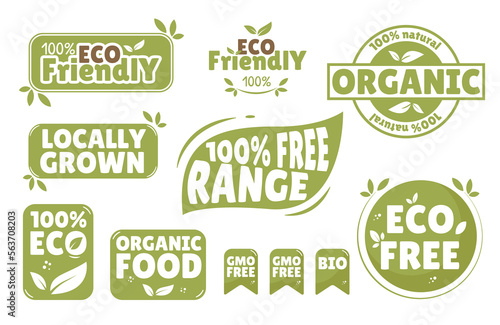 Eco, bio, organic and natural products sticker, label, badge and logo. Ecology vector icon.