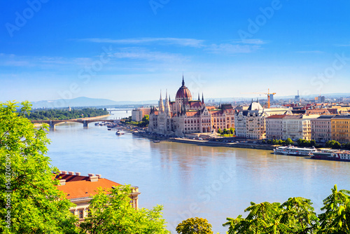Photography City summer sunset landscape - view of the Hungarian Parliament Building and Dan